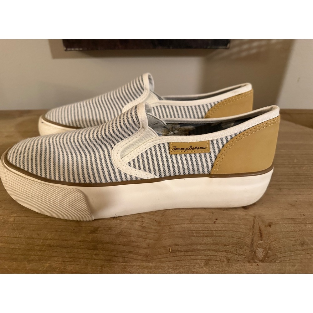 Tommy Bahama Womens Striped Canvas Slip‎ On Platform Sneakers Blue White Tan 9.5